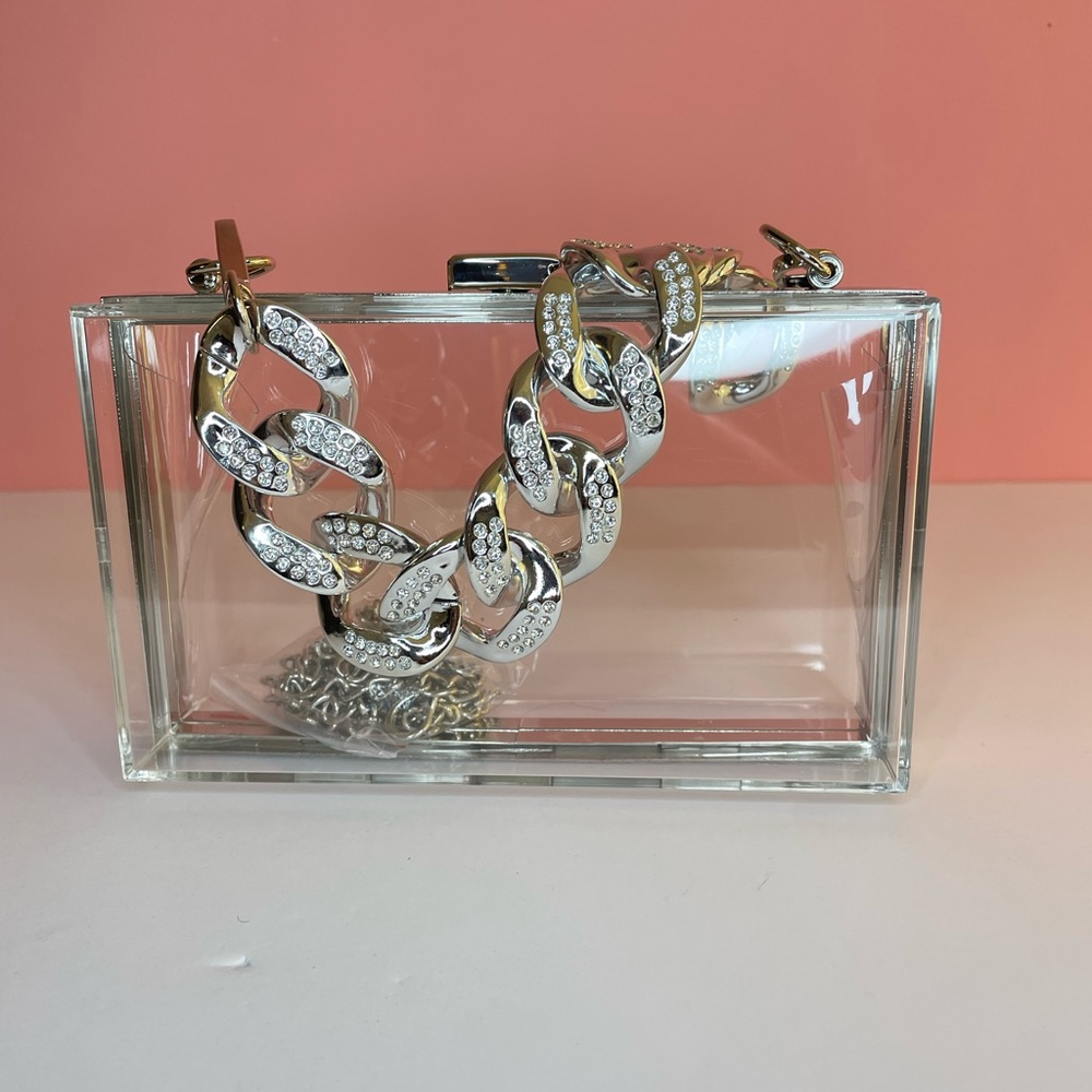 Crystal Chunky Chain Silver/Clear Box Clutch Handbag - Picture 4 of 7